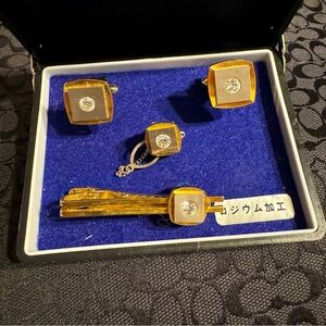 Vintage Tie Clip, Tie Pin & Cufflinks Set Square, Gold Tone with Crystals